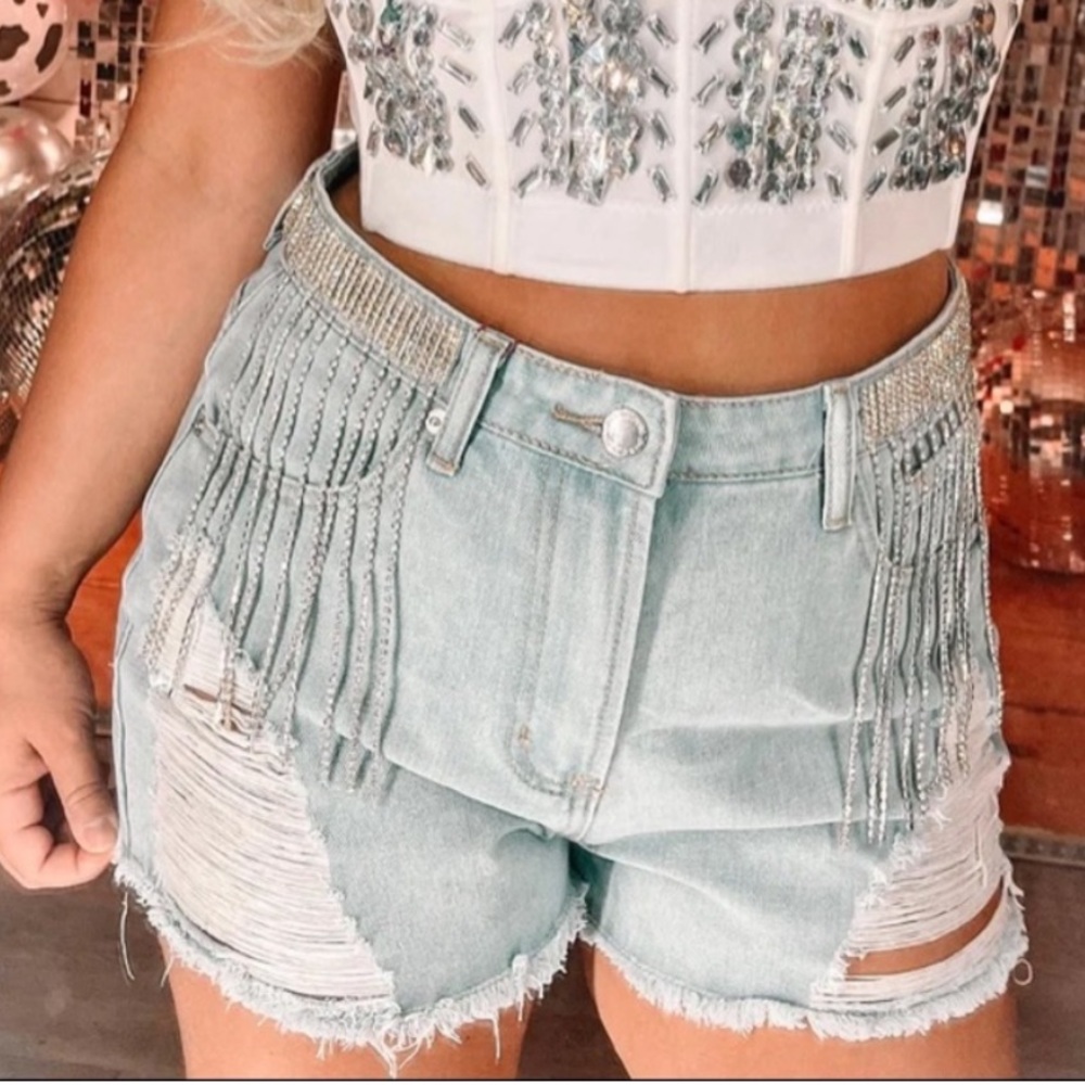 NWT Rhinestone Fringe Denim shorts